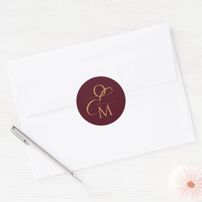 Adesivo Redondo Monograma Elegante | Burgundy Wedding (Envelope)