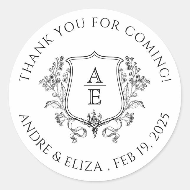 Adesivo Redondo Monograma Elegante de Black and White Crest Obriga (Frente)