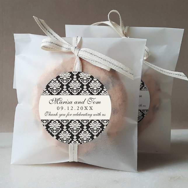 Adesivo Redondo Monograma Elegante de Casamento tema damasco Negro (Criador carregado)