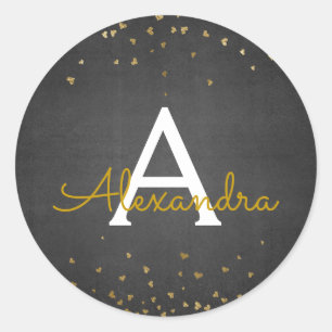 Adesivo Redondo Monograma Elegante de Folha Negra e Dourada