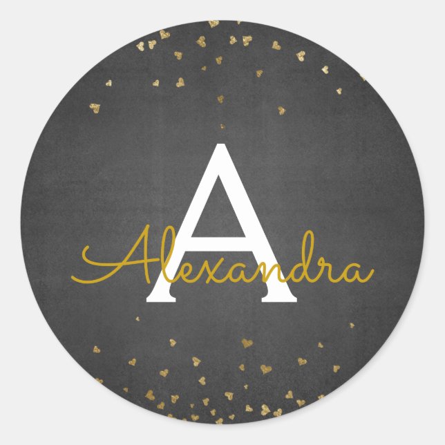 Adesivo Redondo Monograma Elegante de Folha Negra e Dourada Confet (Frente)