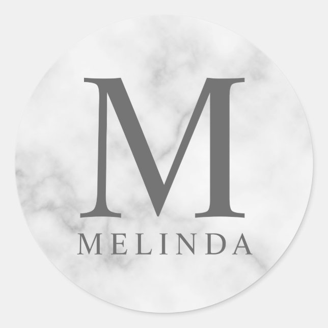 Adesivo Redondo Monograma Elegante de Mármore Branco (Frente)
