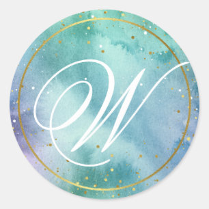 Adesivo Redondo Monograma elegante do roteiro da aguarela Dourado