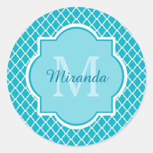 Adesivo Redondo Monograma elegante e nome de Quatrefoil do azul de