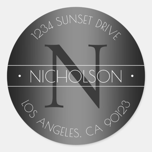 Adesivo Redondo Monograma Elegante Preto e Branco Endereço de Devo (Frente)