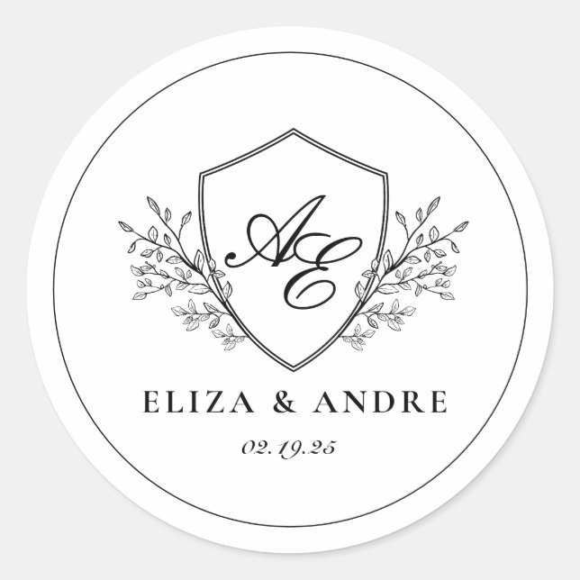Adesivo Redondo Monograma Elegante Preto e Crest Branco (Frente)