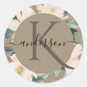 Adesivo Redondo MONOGRAMA EM Aquarela FLORAL KRAFT Dourado ROSADO 