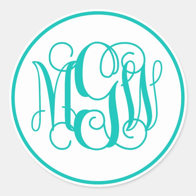 Adesivo Redondo Monograma em Script da Vinha Teal Branco, DIY BG (Frente)