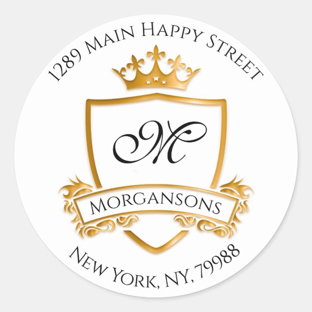 Adesivo Redondo Monograma Endereço Crown Royal White Ouro RSVP (Frente)
