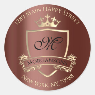 Adesivo Redondo Monograma Endereço de devolução Coroa Dourada