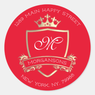 Adesivo Redondo Monograma Endereço de devolução Coroa Real Dourada