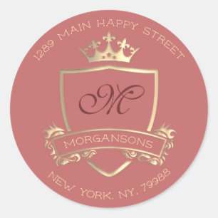 Adesivo Redondo Monograma Endereço de Retorno Coroa Pó Real Dourad