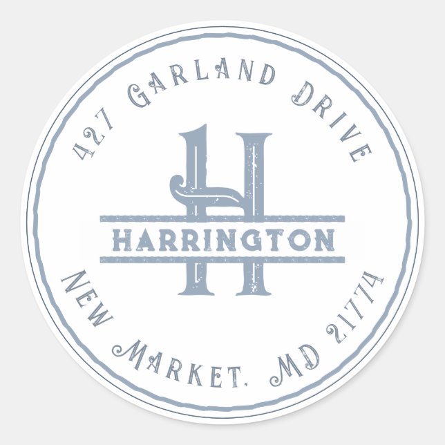 Adesivo Redondo Monograma Endereço Inicial Personalizado Azul Grun (Frente)