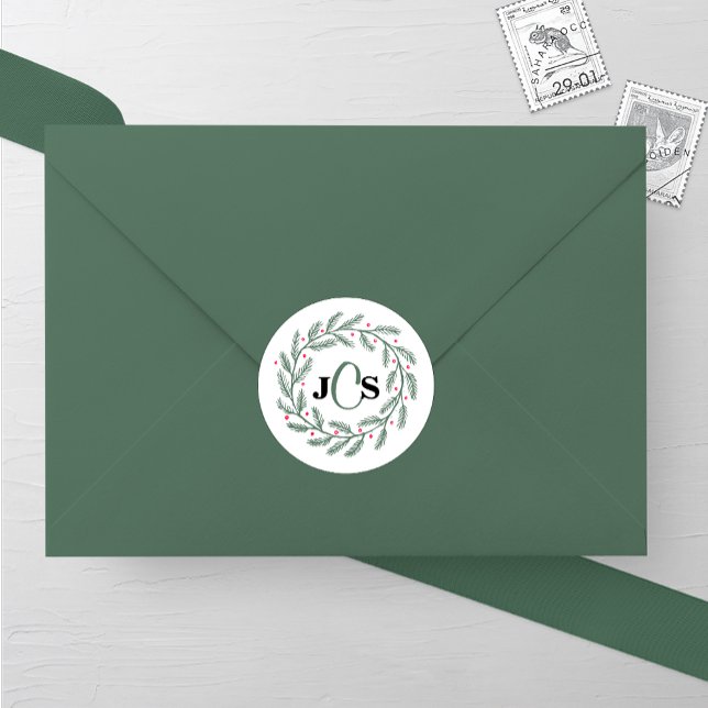 Adesivo Redondo Monograma Evergreen Wreath Wedding (Criador carregado)
