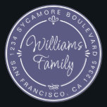 Adesivo Redondo Monograma Família Chic Endereço de Retorno Azul Ma<br><div class="desc">Adesivo de endereço de devolução de casamento caseiro chique, moderno e simples com o nome da sua família e endereço em caligrafia manuscrita elegante branca e tipografia estilosa em um fundo azul-marinho, decorado com louros e outros detalhes decorativos rústicos. Basta adicionar seu nome monograma e endereço Exclusivamente projetado para você...</div>