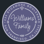 Adesivo Redondo Monograma Família Chic Endereço de Retorno Azul Ma<br><div class="desc">Adesivo de endereço de devolução de casamento caseiro chique, moderno e simples com o nome da sua família e endereço em caligrafia manuscrita elegante em branco e tipografia estilosa em um fundo azul-marinho, decorado com louros e outros detalhes decorativos rústicos. Basta adicionar seu nome monograma e endereço. Exclusivamente projetado para...</div>