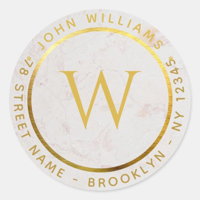 Adesivo Redondo Monograma Faux Dourado Marble Cirble Endereço de R (Frente)