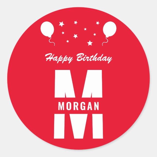 Adesivo Redondo Monograma Feliz Aniversário De Qualquer Idade Verm (Frente)