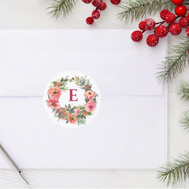 Adesivo Redondo Monograma Feriado Cinzento de Joia Rosa, Botânico (Criador carregado)