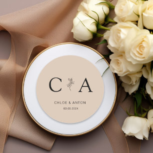 Adesivo Redondo Monograma, Flor de Arte-Linha, Casamento, Beige-Br