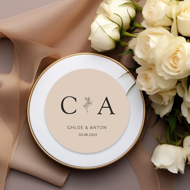 Adesivo Redondo Monograma, Flor de Arte-Linha, Casamento, Beige-Br (Criador carregado)