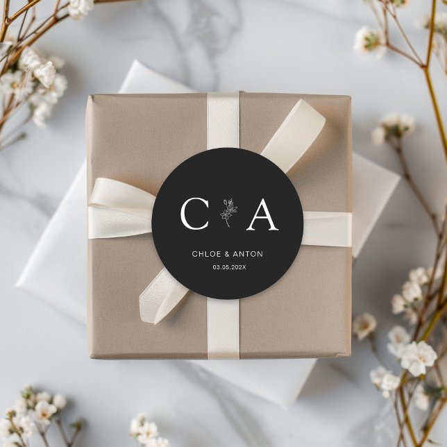 Adesivo Redondo Monograma, Flor de Arte-Linha, Casamento, Preto (Criador carregado)