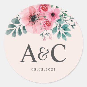 Adesivo Redondo Monograma Floral de Casamento Rosa e Verde