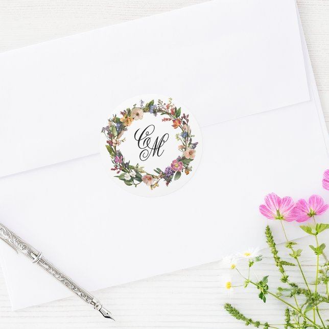 Adesivo Redondo Monograma Floral de Fora de Arte Fina (Criador carregado)