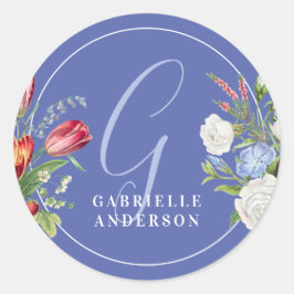 Adesivo Redondo Monograma Floral de Lavanda Chic Pastel Aquarela