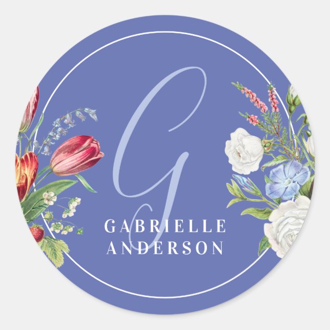 Adesivo Redondo Monograma Floral de Lavanda Chic Pastel Aquarela (Frente)