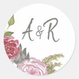 Adesivo Redondo Monograma Floral de Rosas em Aquarela