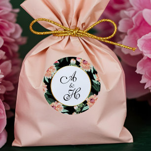 Adesivo Redondo Monograma floral do casamento da aguarela