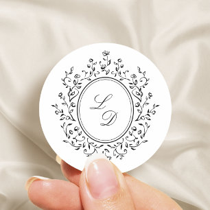 Adesivo Redondo Monograma Floral Elegante Simples Casamento Vintag