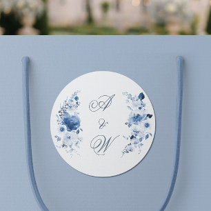 Adesivo Redondo Monograma Floral em Aquarela Azul Poenta para Casa