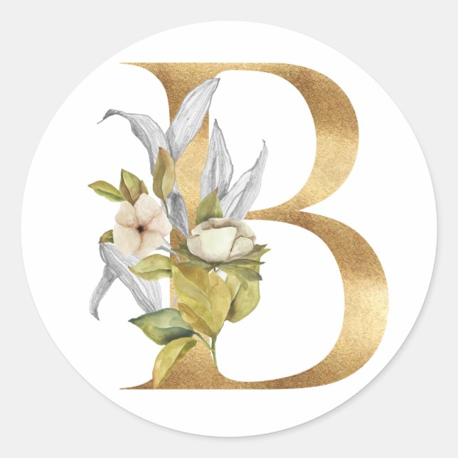 Adesivo Redondo Monograma floral em vinheta redonda clássica doura (Frente)