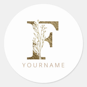 Adesivo Redondo Monograma Floral F Folhagem Dourada Elegante