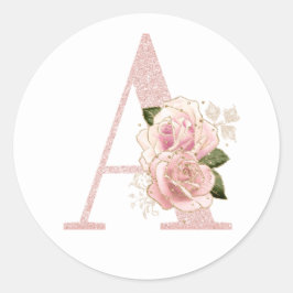 Adesivo Redondo Monograma Floral Girly em Glitter Rosa Dourado Pál