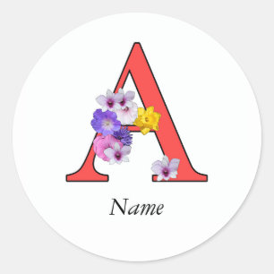 Adesivo Redondo Monograma Floral Personalizado A + Nome Selo de En