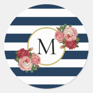 Adesivo Redondo Monograma Floral Retro-Floral Azul-Marinho Branco,