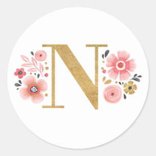 Adesivo Redondo Monograma Floral Rosa Elegante Letra Dourada Inici