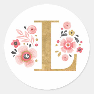 Adesivo Redondo Monograma Floral Rosa Elegante Letra Dourada Inici