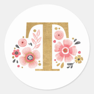 Adesivo Redondo Monograma Floral Rosa Elegante Letra Dourada Inici