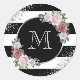 Adesivo Redondo Monograma Floral Rosa Prata Preto
