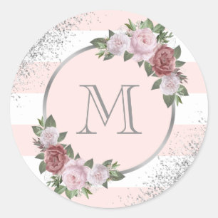 Adesivo Redondo Monograma Floral Rosa Silver Blush