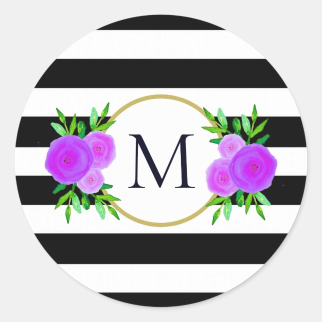 Adesivo Redondo Monograma Floral Roxo-Puro-Preto-Cinto-Branco (Frente)