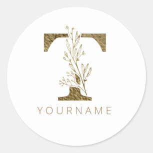 Adesivo Redondo Monograma Floral T Folhagem Dourada Elegante