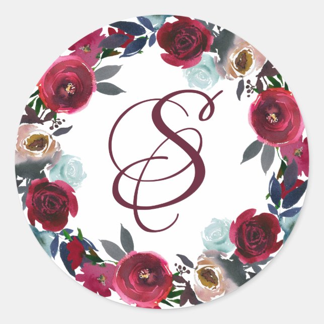 Adesivo Redondo Monograma Floral Vermelho Elegante (Frente)