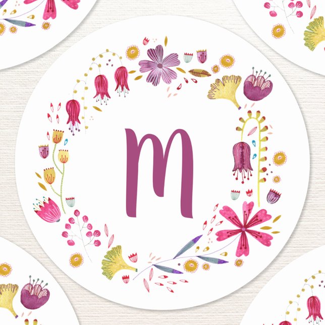 Adesivo Redondo Monograma Floral Watercolor (Personalized monogram initials watercolor wildflower wreath sticker)