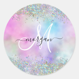 Adesivo Redondo Monograma Holográfico Glitter Arco-Íris Pastel