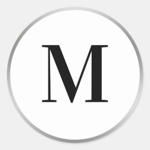 Adesivo Redondo Monograma Inicial Branco e Preto Prateado Elegante